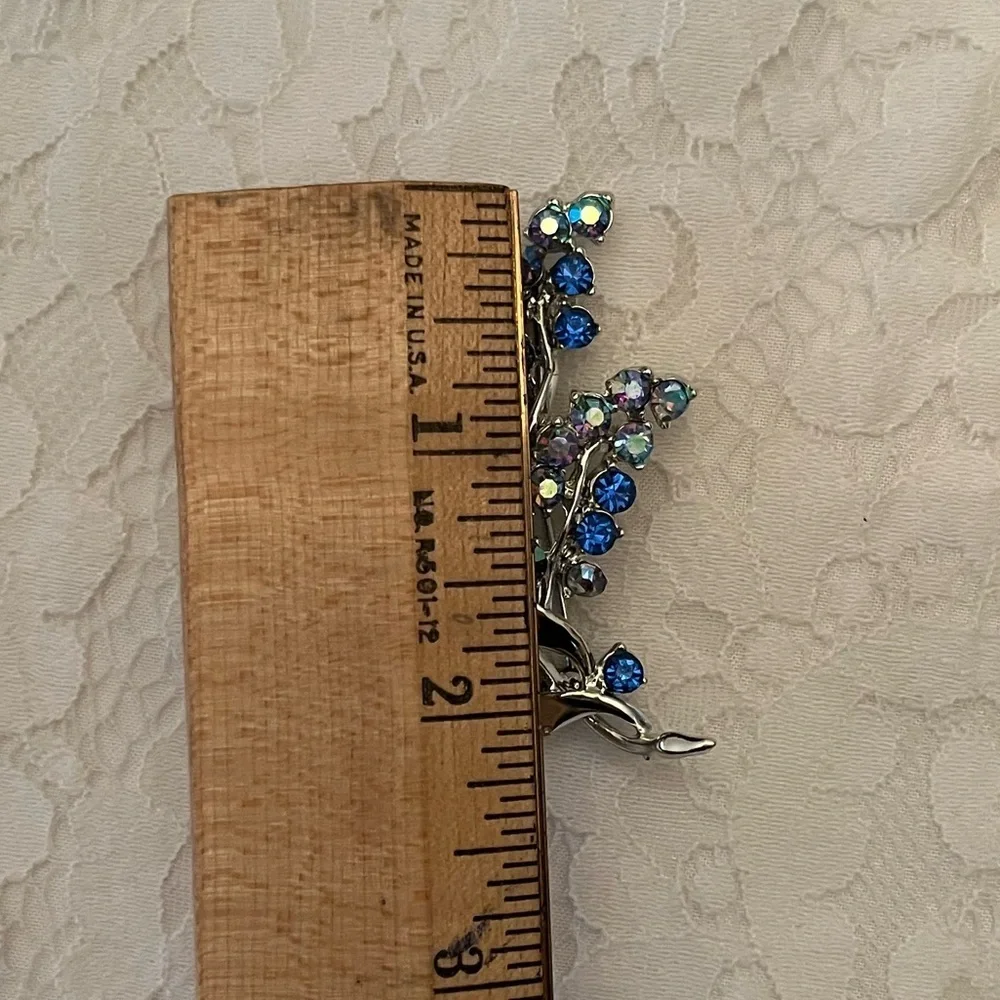 Blue & Aurora Borealis Crystal Floral Spray Brooch Silver Tone Vintage Style